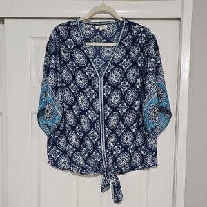 Max Studio Navy and Turquoise Printed Tie-Front Blouse